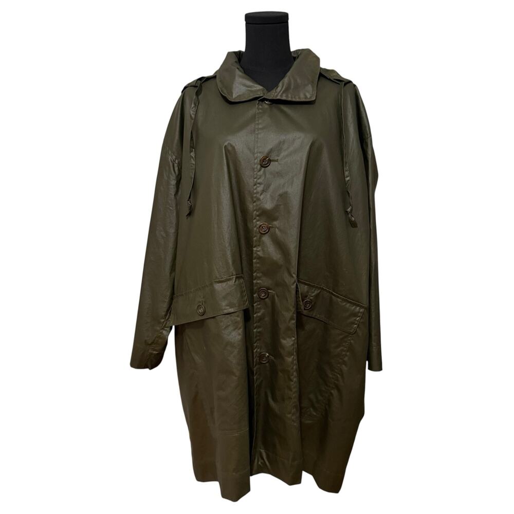Eskandar Waxed Rain Coat Packable Hood Oversized Olive Green Lagenlook Size 0